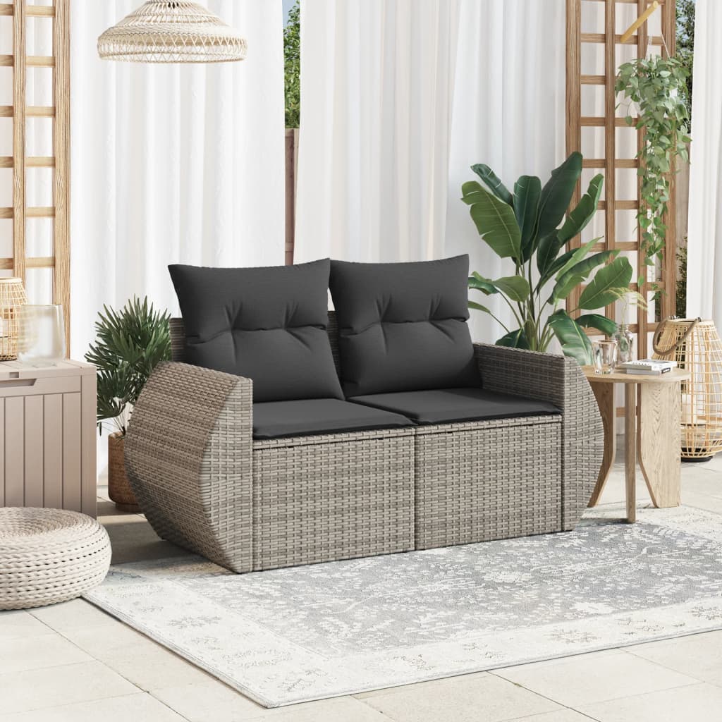 Vidaxl Garden Sofa With Cushions, 2-Seater, Grey, Poly Rattan