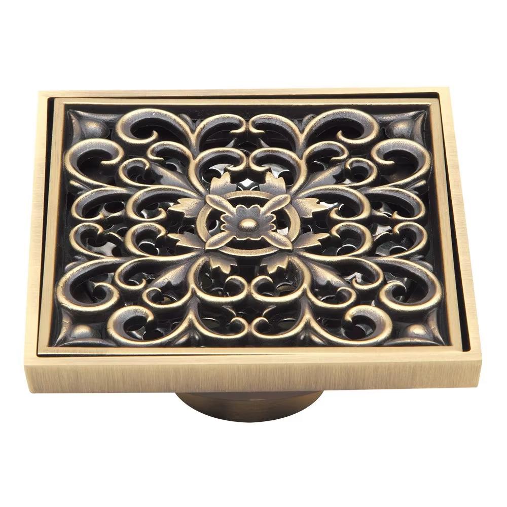 Brass Bathroom Floor Drain Square Shower Sink Drain Strainer with Removable Cover, Carved, Antique (as the picture,Brass)