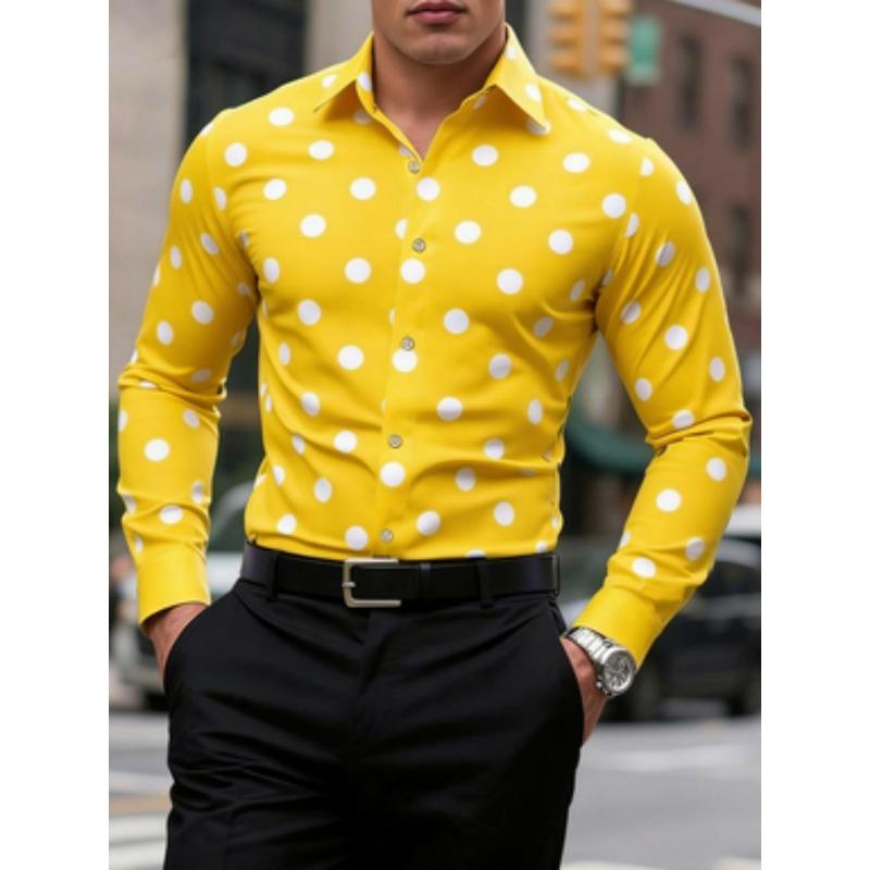 Men's Polka Dot Shirt Casual, Breathable, Comfortable, Fashionable and Trendy Men's Long Sleeved Shirt, Lapel Shirt