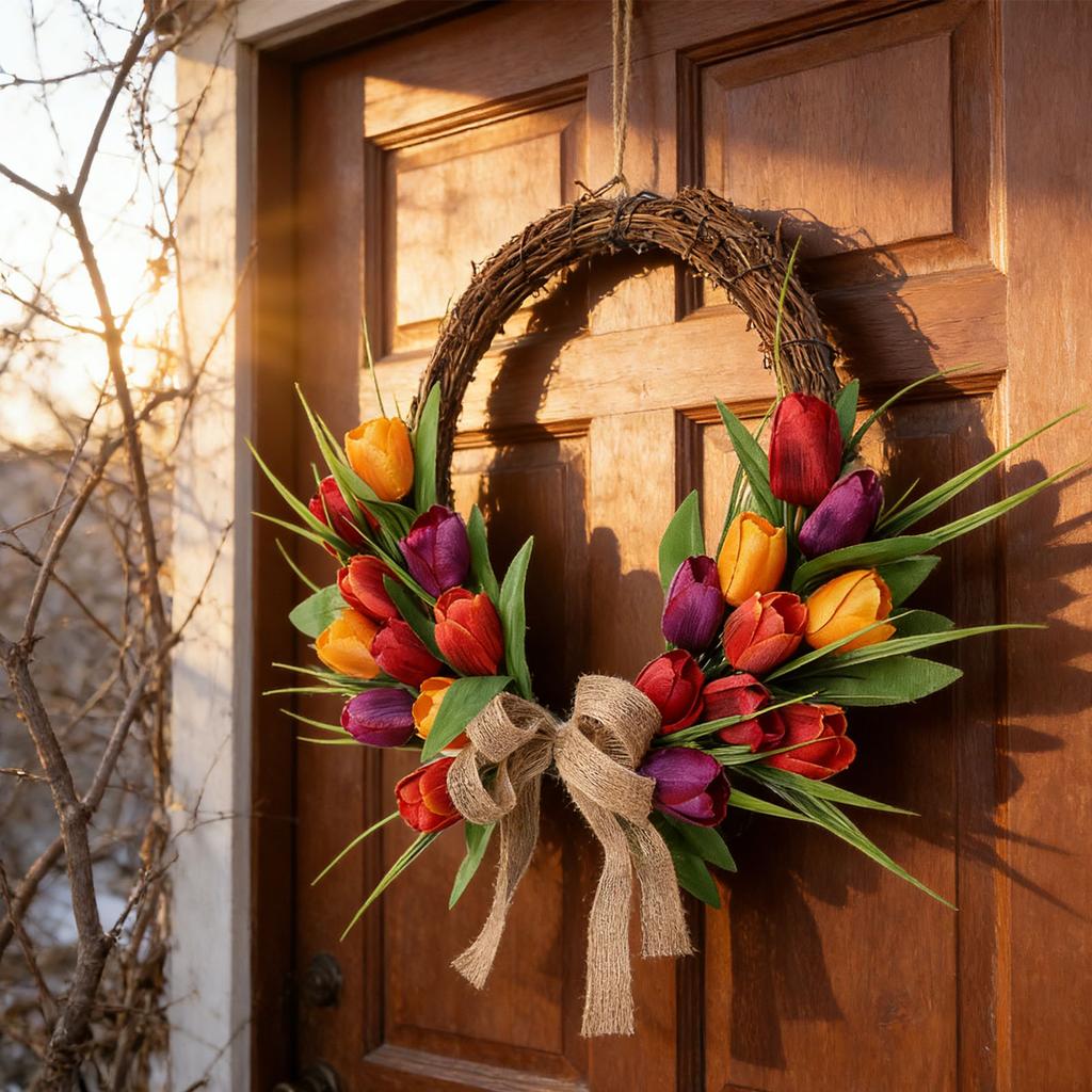 Artificial Floral Wreath European Style Colorful Flowers Hanging Wreath for Indoor Outdoor Home Decoration Orange Red