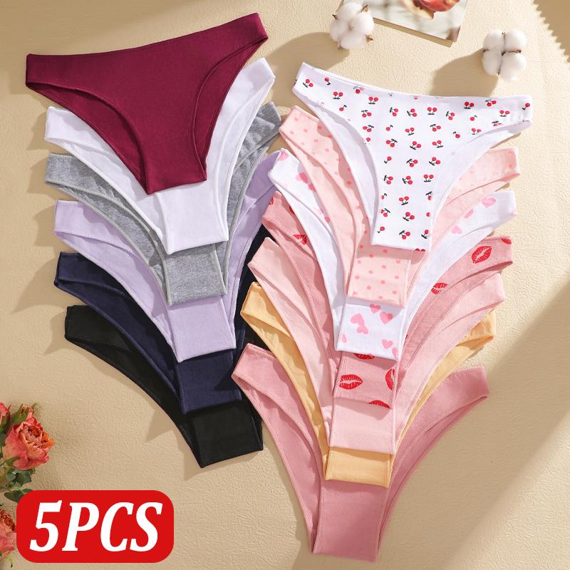 FINETOO 5Pcs/Set Seamless Cotton Cherry Lips Printing Panties Women Sexy Low Waist Cotton Crotch Spring Autumn Underwear Ladies Lingerie