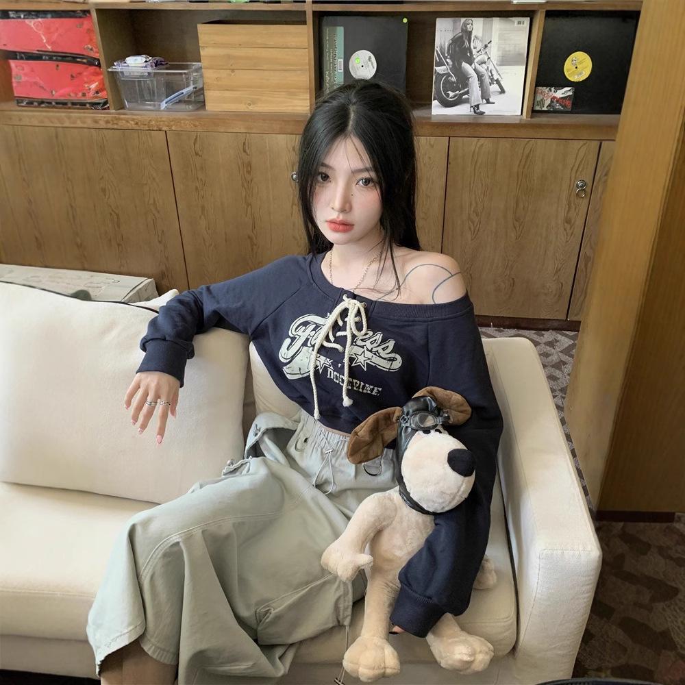2025 Vintage Korean Letter Print Loose Sweatshirt for Women – Long Sleeve, Spring Style