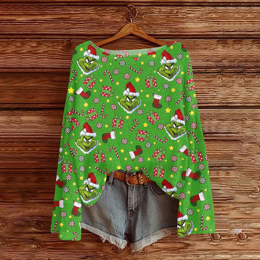 Women's Round Neck Lightweight Sweater Casual Long Sleeve Christmas Print Knit Pullover.