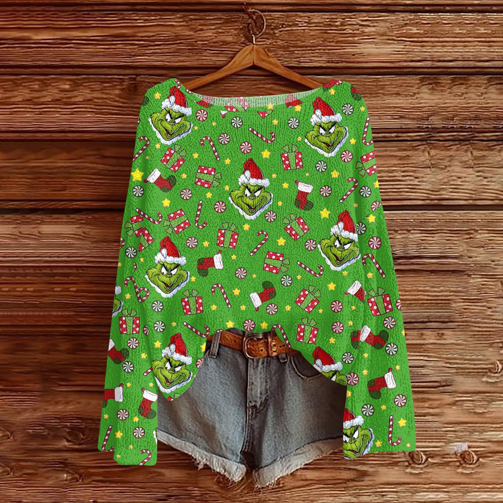 

Женский легкий свитер с круглым вырезом, повседневный вязаный пуловер с длинным рукавом и рождественским принтом. XL зелёный