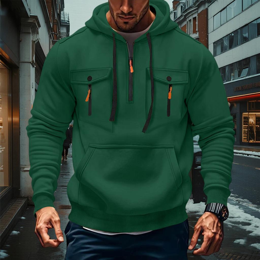 Men's Military Cargo Hoodies, Casual Quarter Zipper Pullover Tops With Multi Pockets