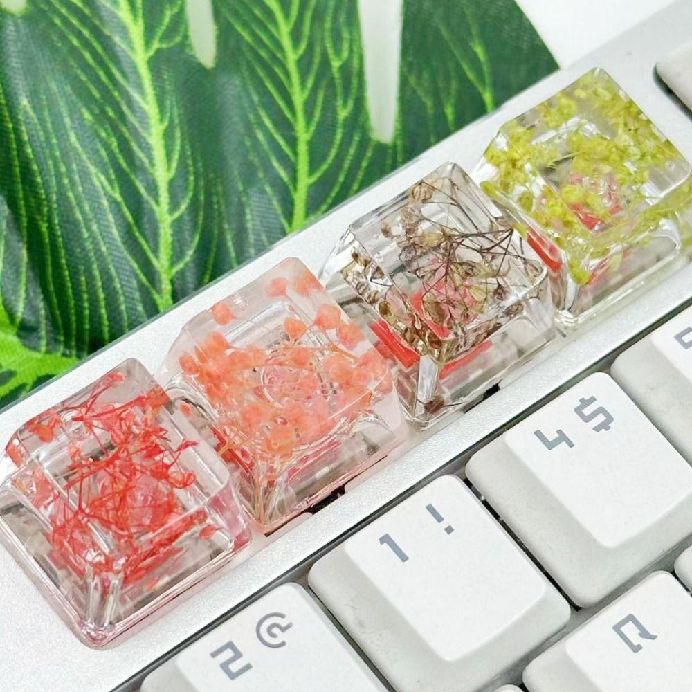 Translucent Dried Flower Keycaps OEM R4 Handmade Mechanical Keyboard Keycap Gypsophila Decoration Resin Keycap Cross Axis