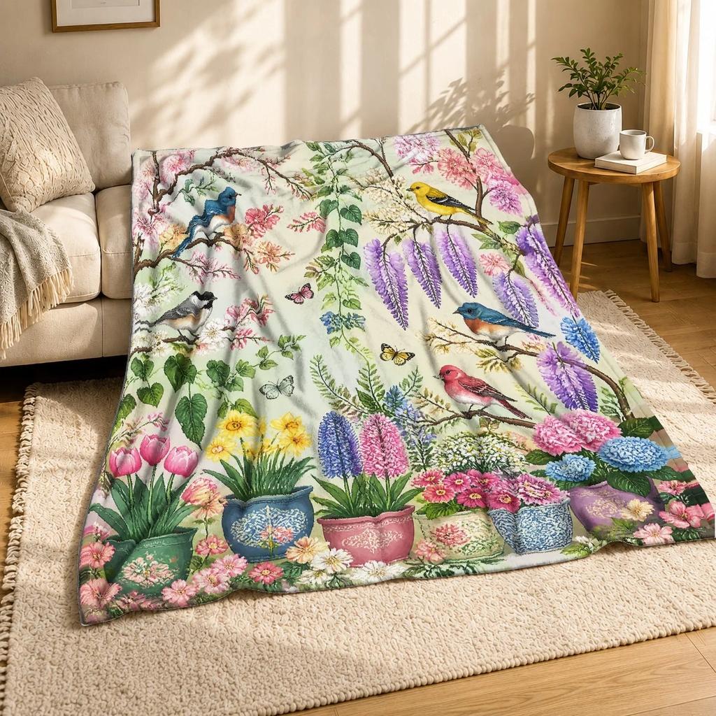 Spring Garden Birds Blooms Coral Fleece Blanket Floral Decor