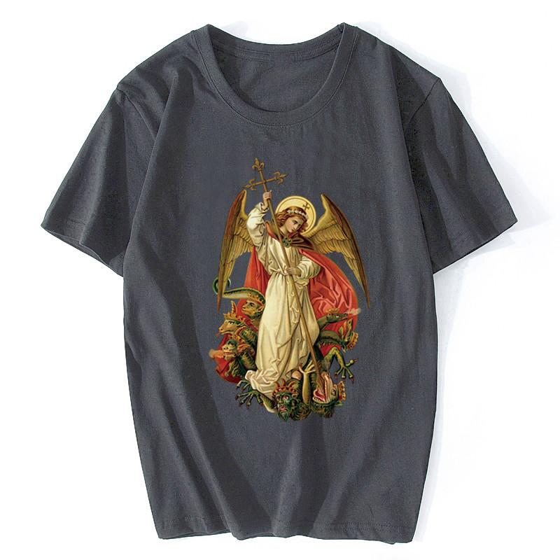 Saint Michael Destroy The Devil Catholic Christian T Shirt Men's Cotton Short Sleeve T-shirt Hip Hop Tee Top Harajuku Streetwear
