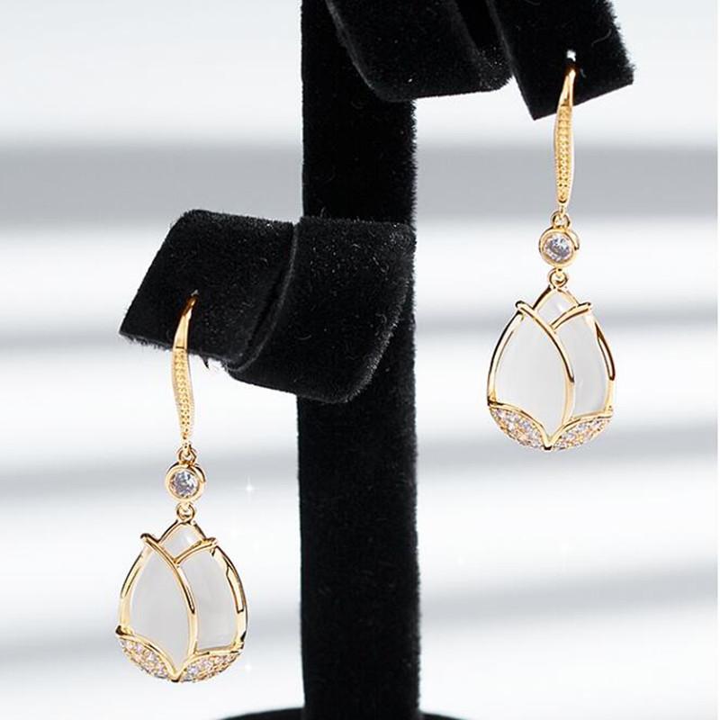 Semi Opal Vintage Precious Stone Earrings Women Tulip Dangle Jewelry Gifts Girl