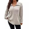 Autumn Winter New Solid Color Plus Size Women's Top V Lapel Long Sleeve Ribbed Brushed T-shirt Loose Casual