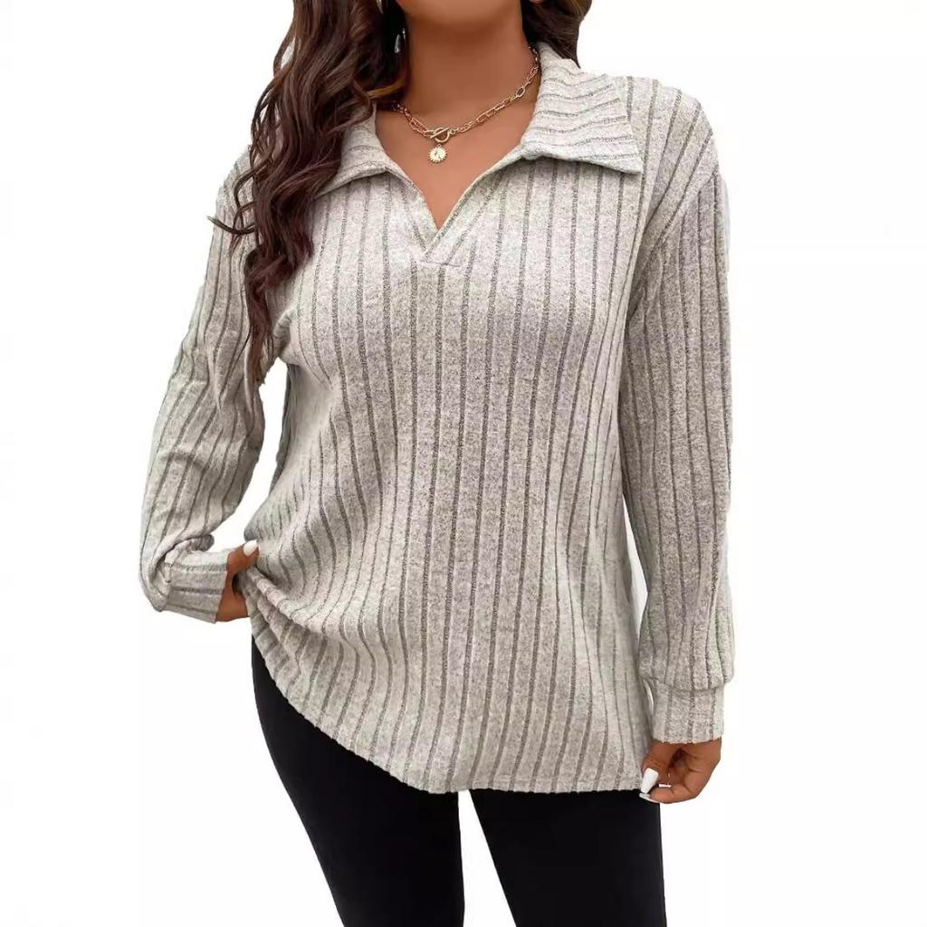 Autumn Winter New Solid Color Plus Size Women's Top V Lapel Long Sleeve Ribbed Brushed T-shirt Loose Casual