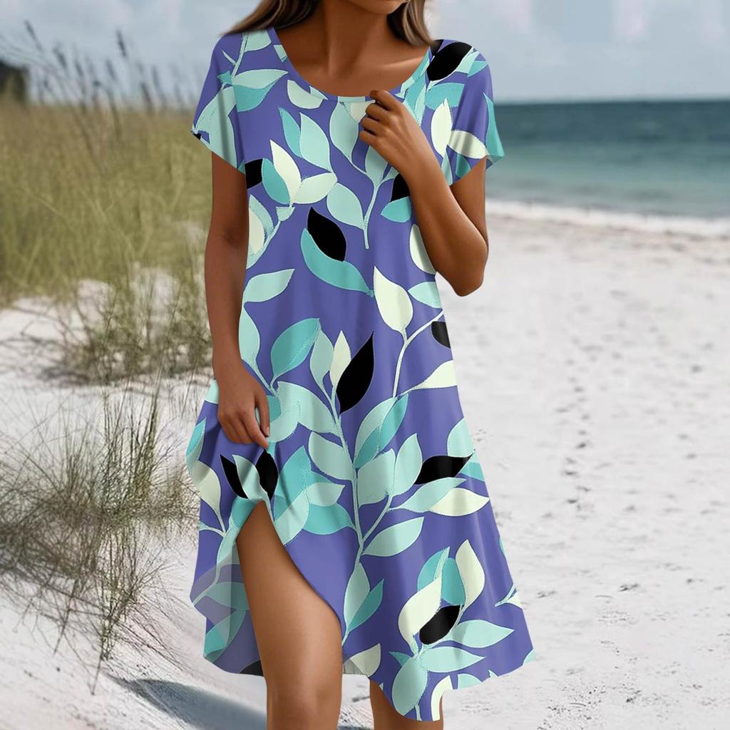 Women's Summer Short Sleeve Round Neck Floral Print Bohemian Dress With Pockets
