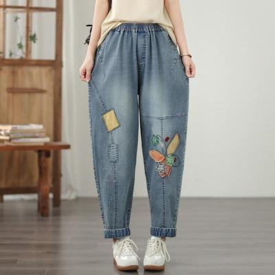 Mărime mare Broderie vintage florală talie înaltă casual largi Femei Primăvară vară toamnă blugi denim Pantaloni Harem