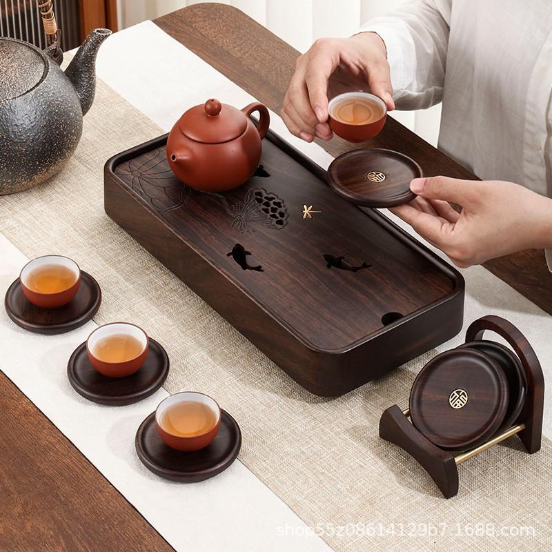 Black Ebony Wood Coaster Set Office Tea Ceremony Heat Resistant Cup Mat 6pcs Round Hollow Copper Inlay