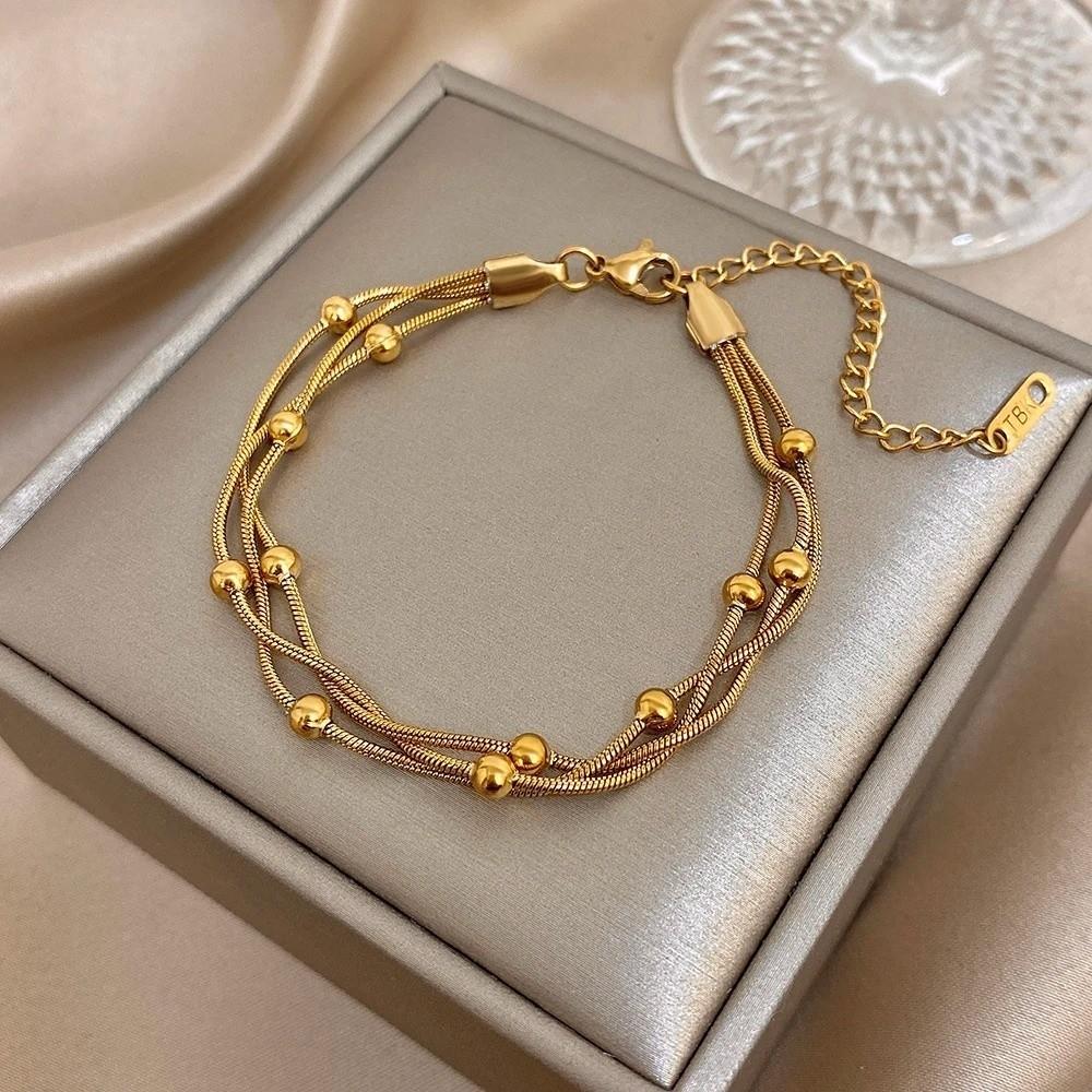 Round Beads Wrap Beaded Bracelets Stainless Steel Wrist Chain Elegant Party Jewelry Women