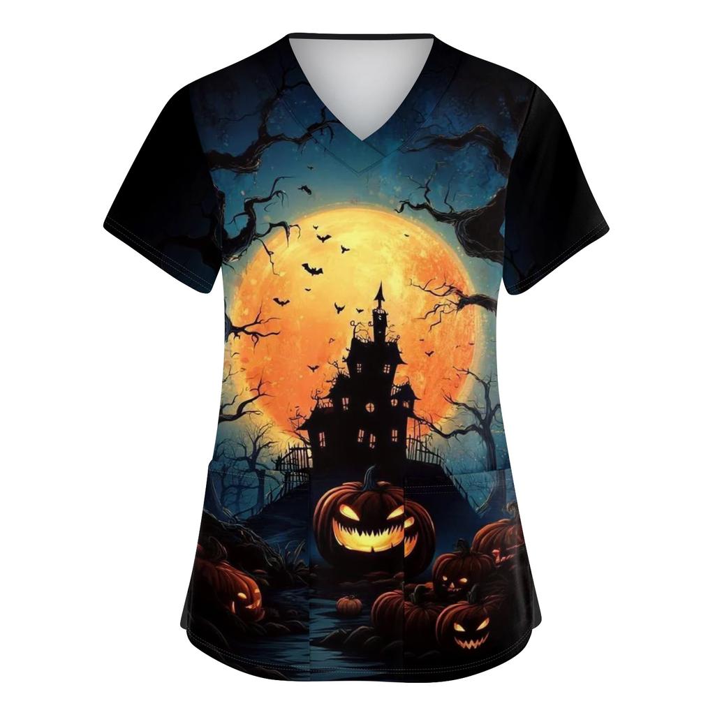Women's V Neck Short Sleeve Work Shirt with Side Slits and Pockets Halloween Themed Printed Top Suitable for Casual and Professional Wear