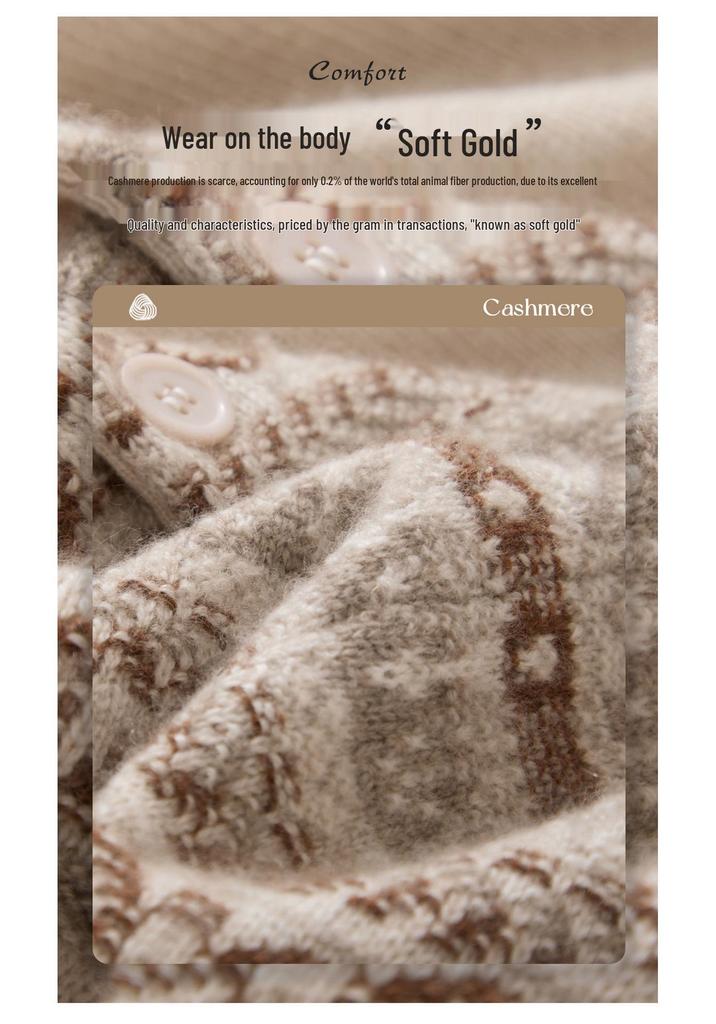 Women's Retro Fair Isle Cashmere Cardigan - Round Neck, Thick Knit, Elegant Autumn/Winter Wool Sweater
