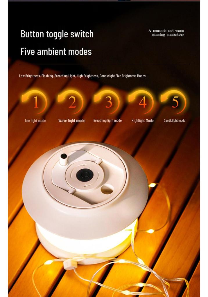 Rechargeable Outdoor Camping LED String Lights with Measuring Tape and Gas Atmosphere Lighting, Long Battery Life, Wind-Resistant Hanging Tent Rope.