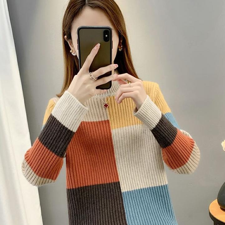 Fall Winter Women's Crew Neck Sweater Loose Contrast Knit Sweater Long Sleeve Pullover Knit Jumper Top