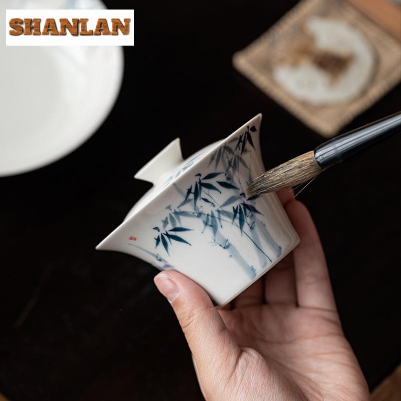 110ml Hand-painted Blue Bamboo Gaiwan Ancient Plant Gray Tea Tureen Tea Bowl With Lid Kit Tea Brewing Cover Bowl Teaset Gift