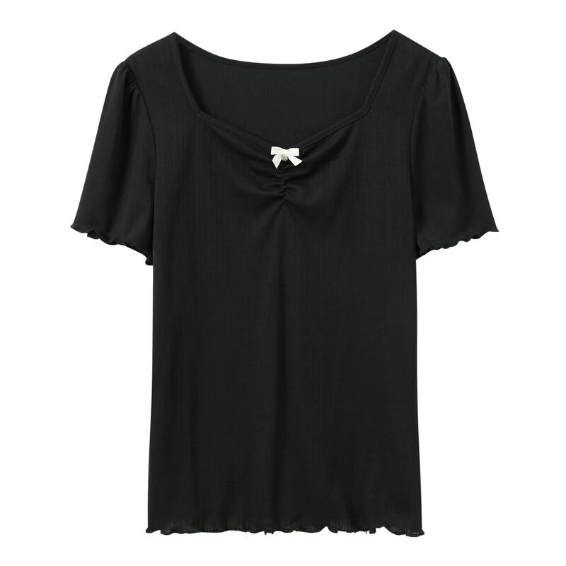 Sancai Plus Size Square Neck Ribbed Bowknot T-Shirt