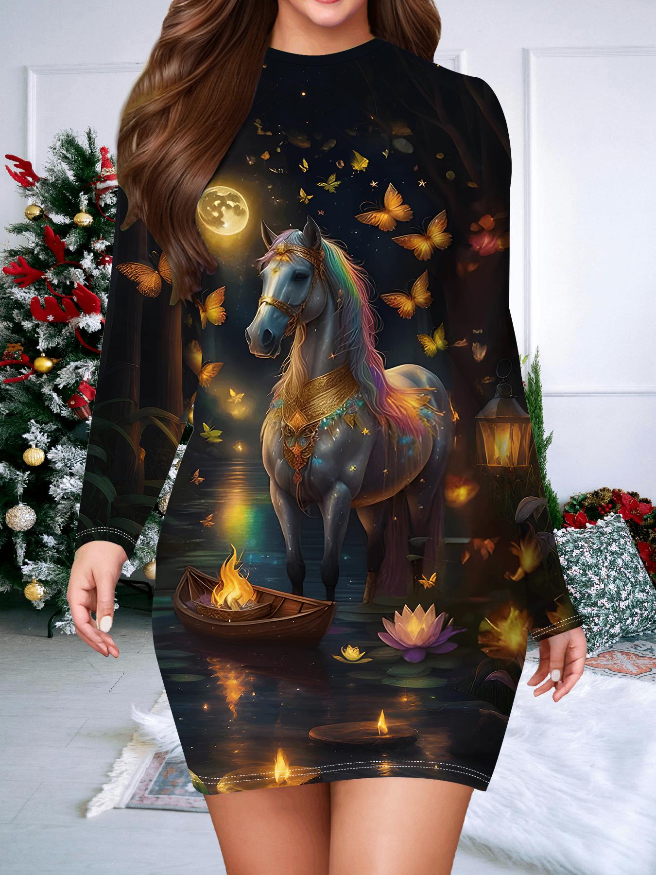 

2025 Осень и Зима Новое Женское Платье в Облипку, 3D Рождественская Печать и Крашение Женская Мода Длинный Рукав Круглый Вырез Сексуальное Платье в Облипку XXL золотой