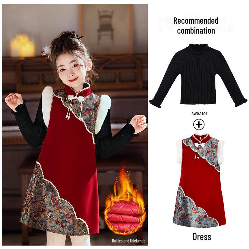 

Зимнее плюшевое платье-ципао для девочек - теплая юбка принцессы в стиле ханьфу для маленьких и средних детей 110cm