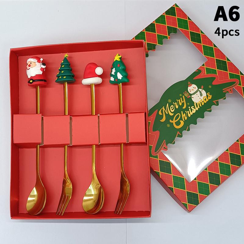 1/2/4/6 Stück Edelstahl Löffel Weihnachts Dessertlöffel Kuchengabel Cartoon Weihnachtsbaum Elch Löffel Gabel Weihnachtsgeschenkbox