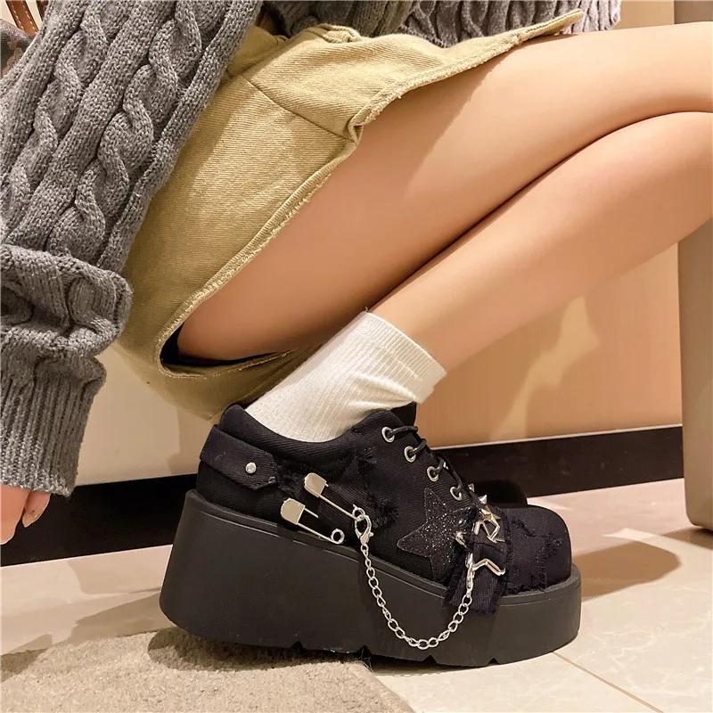 Fashion Women Autumn Chunky Sneakers Trainers Platform Shoes 6CM Heels Outdoor Sport Dad Shoes Puck Metal Chain Leather Casual Shoes
