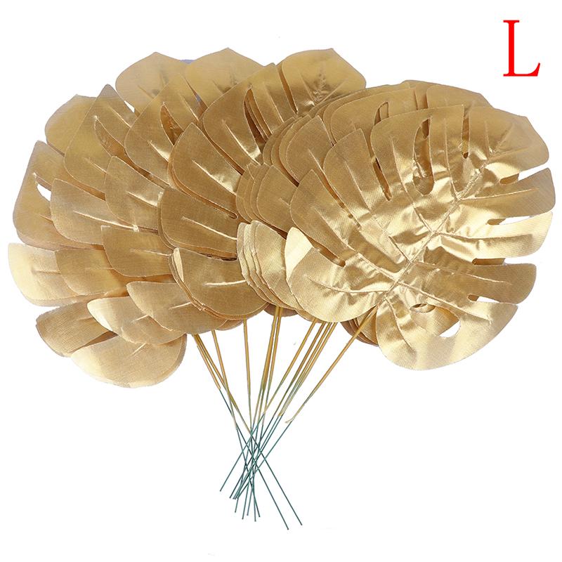 12 stk gull Kunstige falske palmeblader grønne planter Hjem bryllup DIY dekorasjon