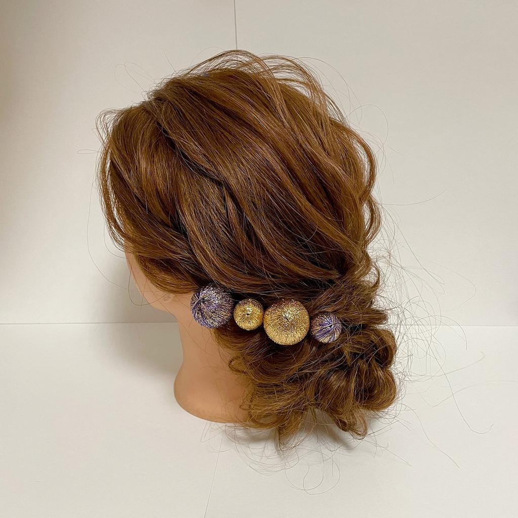 Japanese style hair accessory purple ball gold mizuhiki set, gold, kanzashi, leaf,