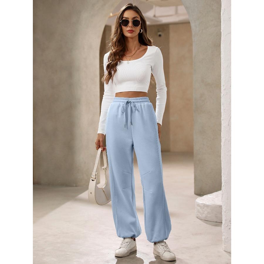 Autumn Winter Pocket Trousers Women's Sports Pants Casual Elastic Waist Solid Long Pants & Capris