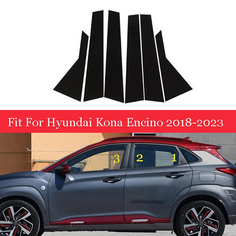 6Pcs Car Window Pillar Posts Door Trims Cover For Hyundai Kona/Kauai/Encino 2018-2023/i20 2021 2022 2023 Glossy Black Stickers