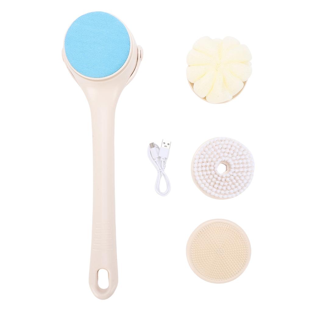 4 In 1 Electric Body Brush 2 Speeds Rechargeable Automatic Dual Handle Back Scrubber for Exfoliating Shower Beige