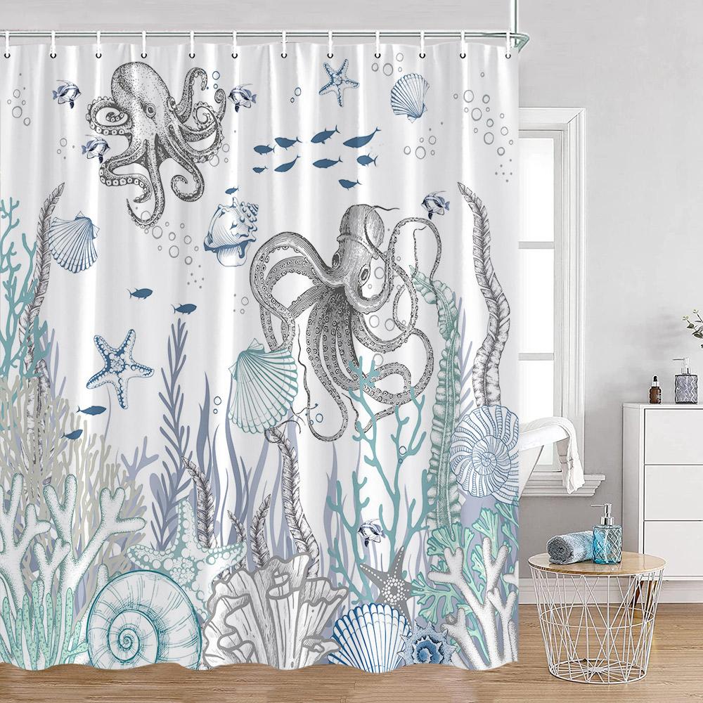 Octopus Shower Curtains Ocean Animals Funny Octupus Undersea World View Bathroom Curtain Nautical Bath Decorations with Hooks