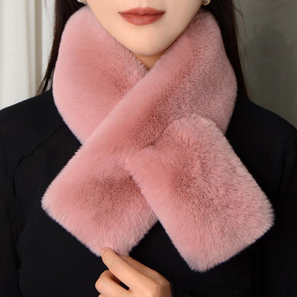 Winter Warm Plush Cross Scarf Thickened Soft Neckerchief Wrap Solid Color Faux Rabbit Fur Scarf Autumn Winter