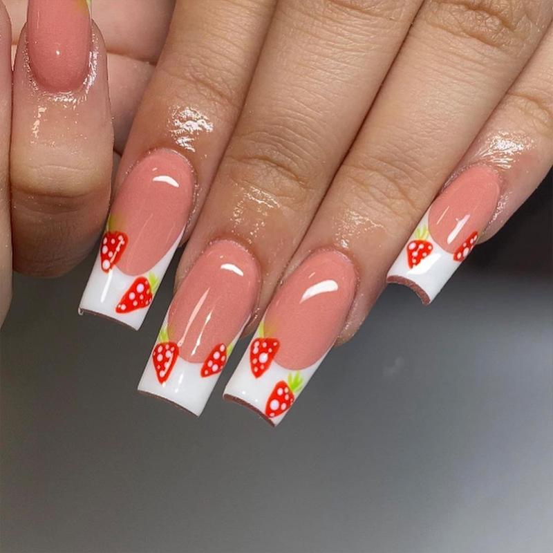 

Medium-Long French White Tip Strawberry Manicure False Nail Pieces Glue