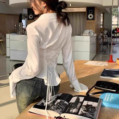 Bandage Shirt Slim Casual White Bell Sleeve Shirt