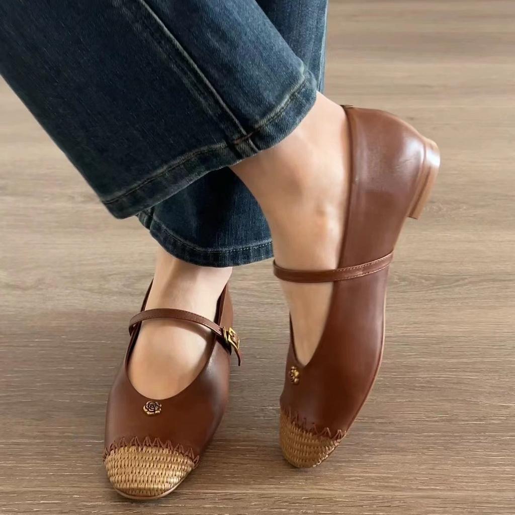 Sheepskin version retro round head Mary Jane shoes woven word with temperament camellia flat sole shoes