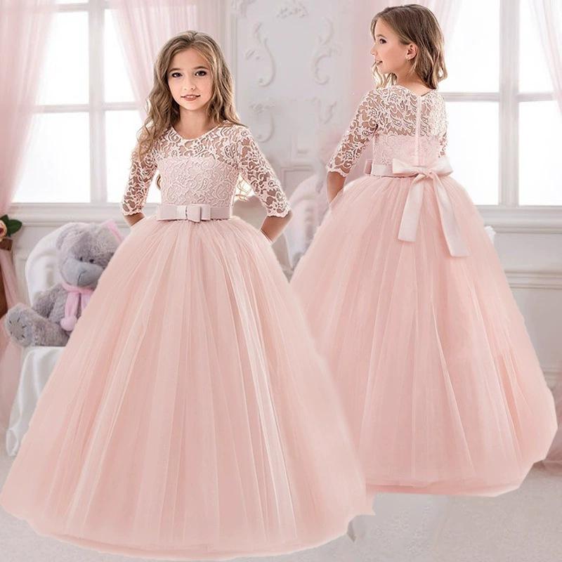 Girls bow puffy skirt flower girl wedding dress children's skirt girldress princess seven-quarter sleeve dress