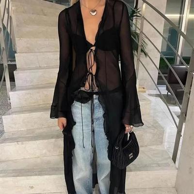 Couverture Longue Transparente en Maille Dentelle à Lacets Manches Évasées pour Femme Cardigan de Plage Noir