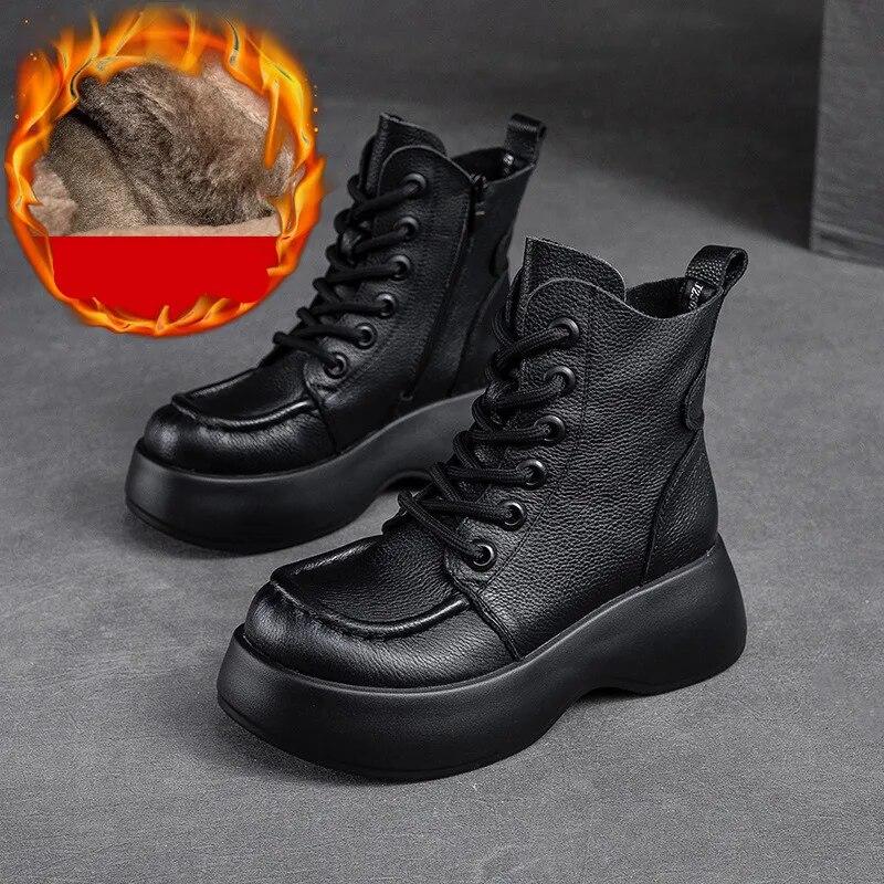 

Johnature плюшевые женские полусапожки на толстой подошве и универсальная женская обувь из натуральной кожи с боковой молнией в стиле ретро 39-Plush чёрный