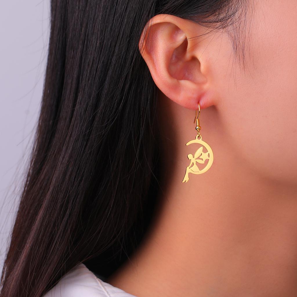 Teamer Hollow Moon Star Drop Earrings Stainless Steel Flower Elf Pendant Dangle Earrings for Women Wedding Party Jewelry Gifts