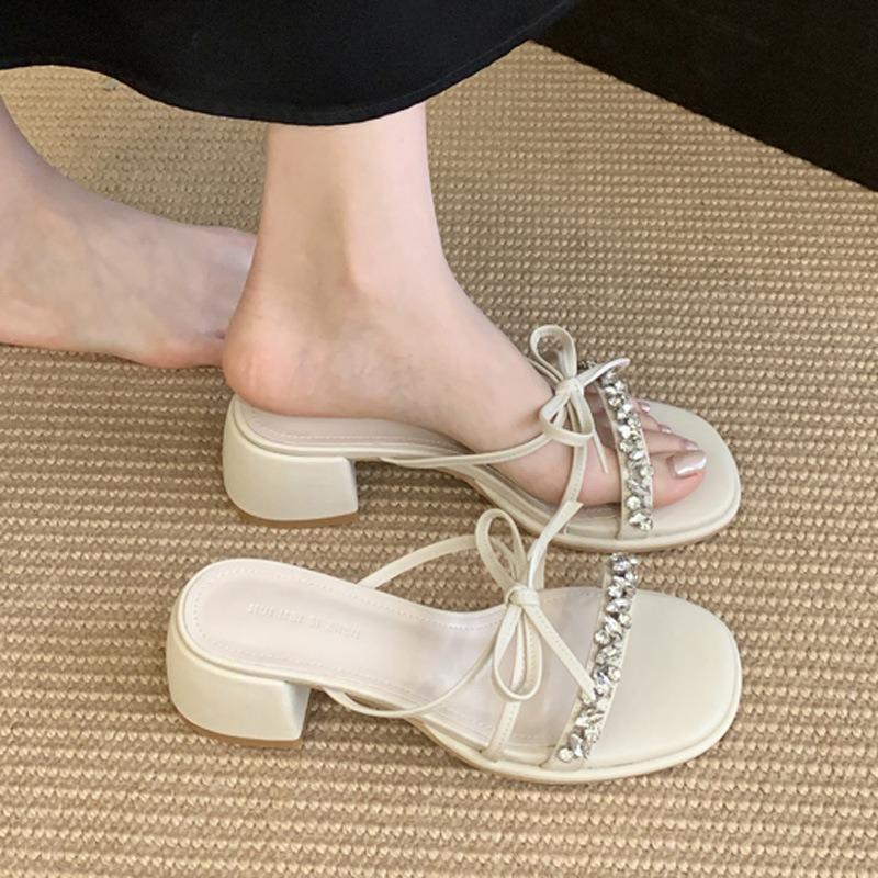 Sandals Women's Summer New Style Silver Rhinestone Bow Open-toed Niche Design Thick-heeled Slippers