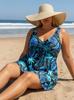 European & American Plus Size Tankini - Black/Blue Swim Skirt with Drawstring and Printed Briefs