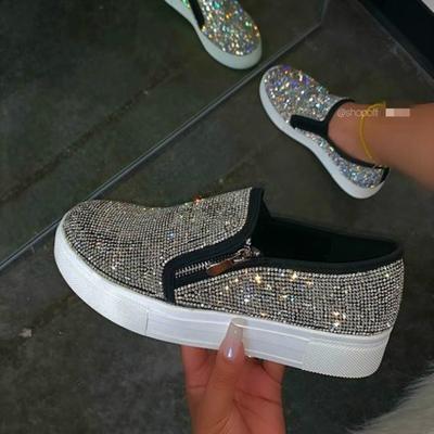 2024 Nieuwe Dames Sneakers Platform Gevulkaniseerd Dames Bling Kristal Loafers Herfst Dames Casual Platte Schoenen Vrouwen Rits Sportschoenen
