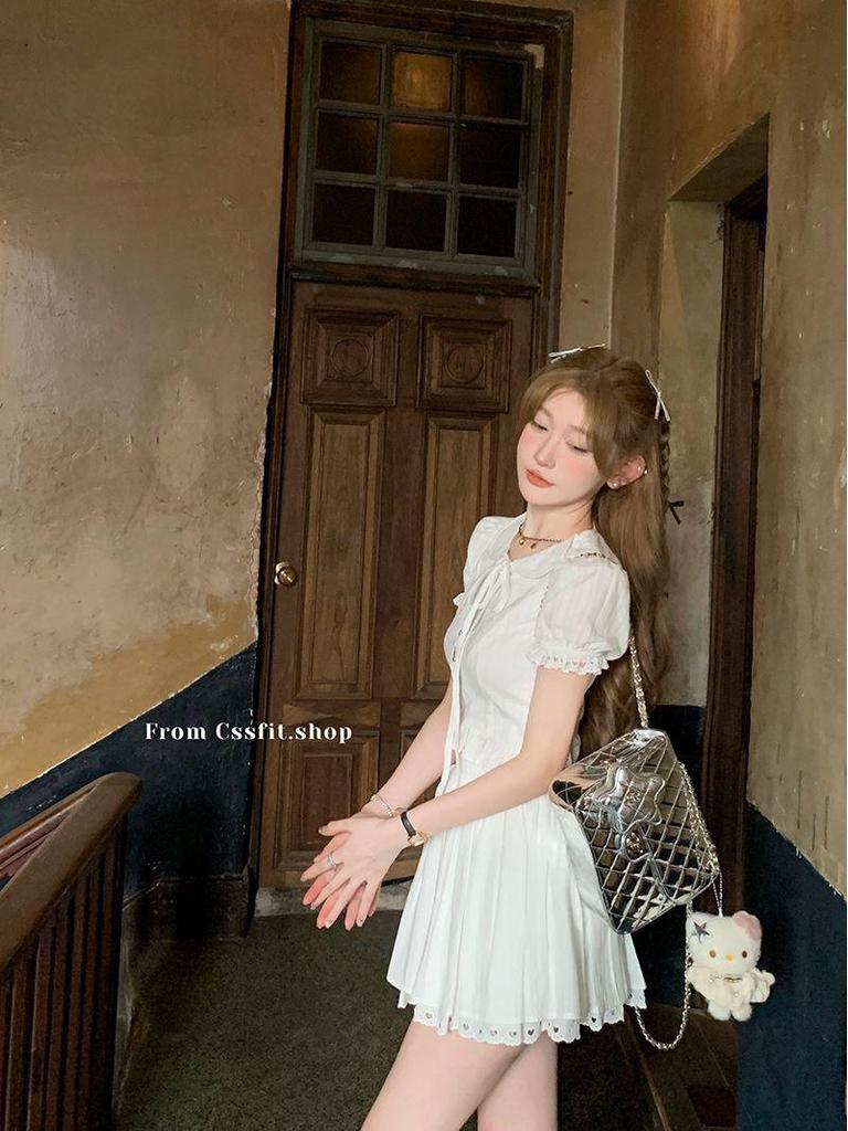 2026 Summer French Slim-fit Peter Pan Collar White Shirt and Embroidered Heart Skirt Set for Women