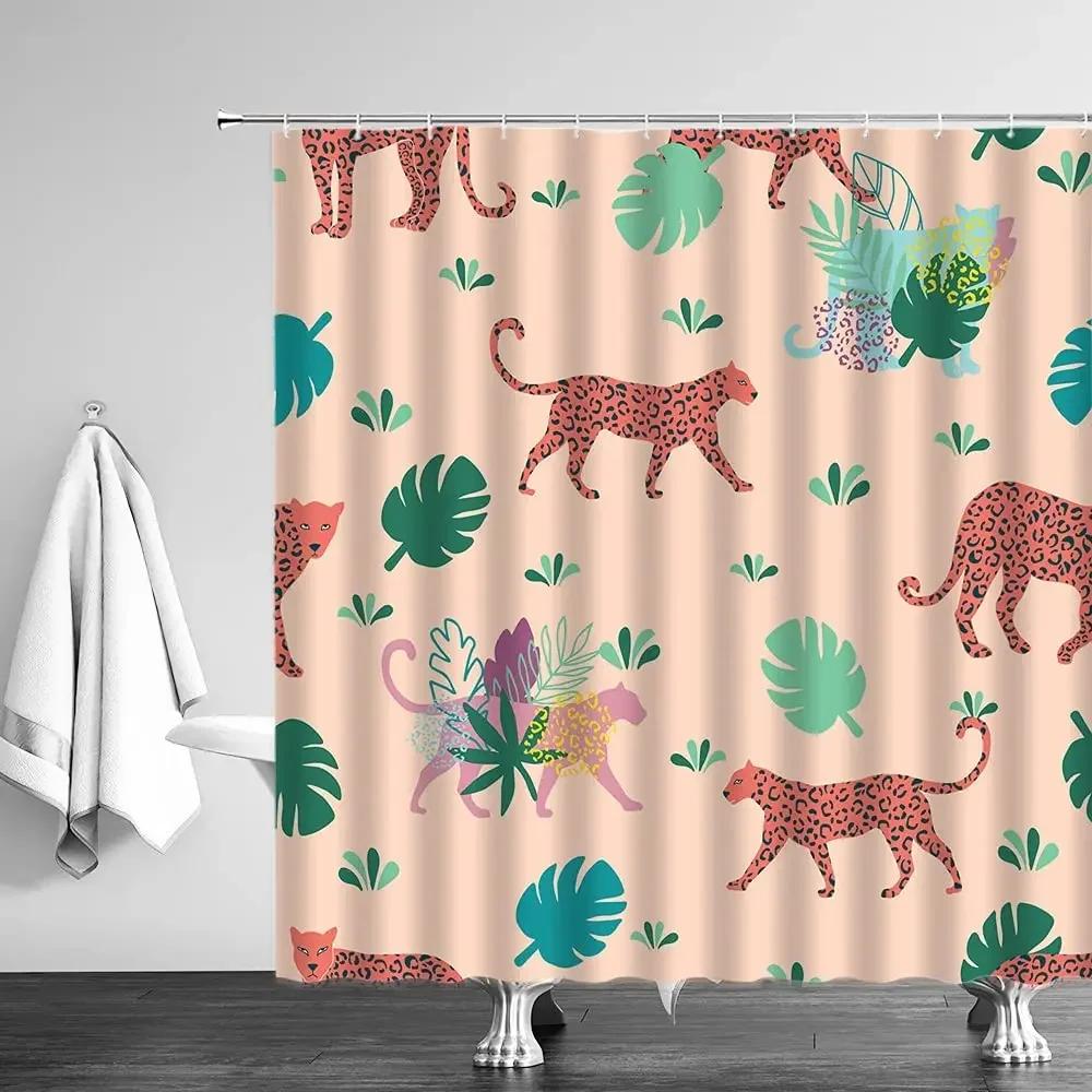 Leopard Shower Curtains Tropical Jungle Wildlife Cheetah Tiger Plant Green Palm Banana Leaves Monstera Watercolor Bathroom Decor