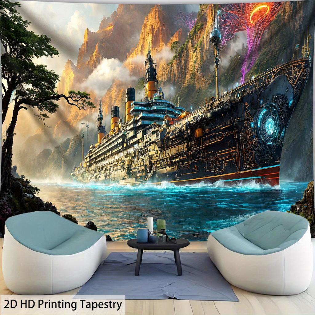 Sailing Ship Canyon Scenery Digital Printing Polyester Wall Hanging Tapestry Decorative Living Room Bedrooms Background Gift
