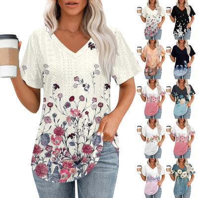 Damen-T-Shirts mit V-Ausschnitt, kurzärmelig, lässige Oberteile, lockere Passform, Basic-T-Shirts mit abgerundetem Saum